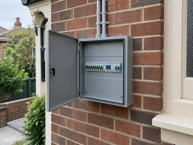 Open electrical switchboard mounted on a brick exterior wall beside a window in Cremorne